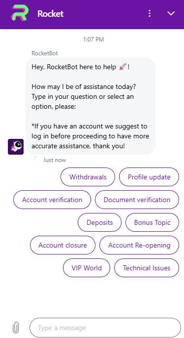 rocket casino support