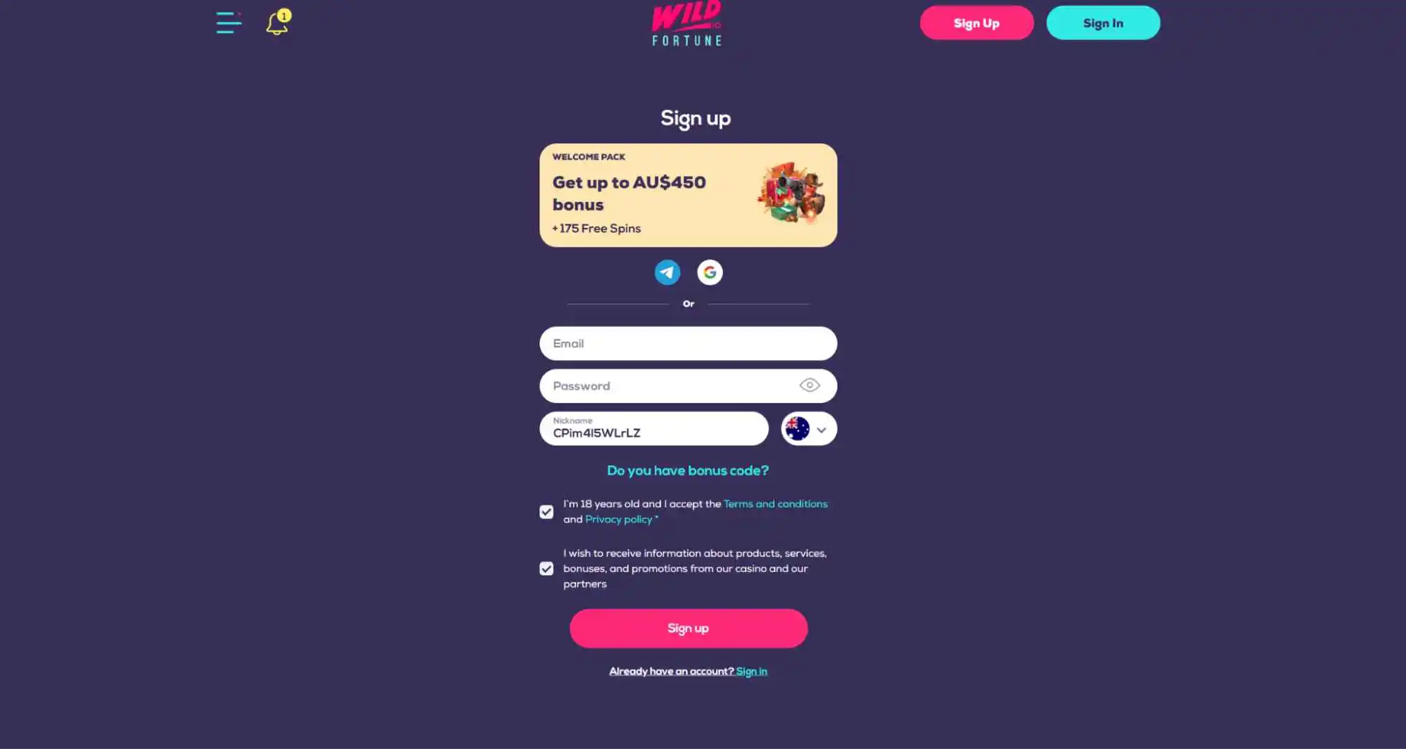 wild fortune registration